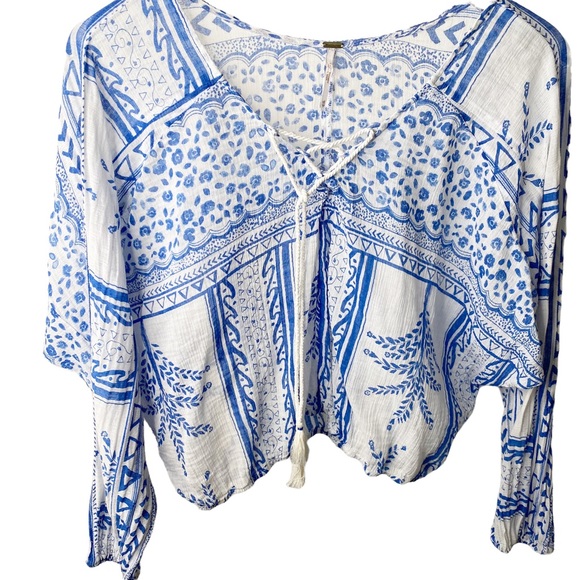 Free People Geometric Flowy Gauze Semi Sheer Boho Dolman Batwing Rope Tie Top XS - Picture 2 of 10